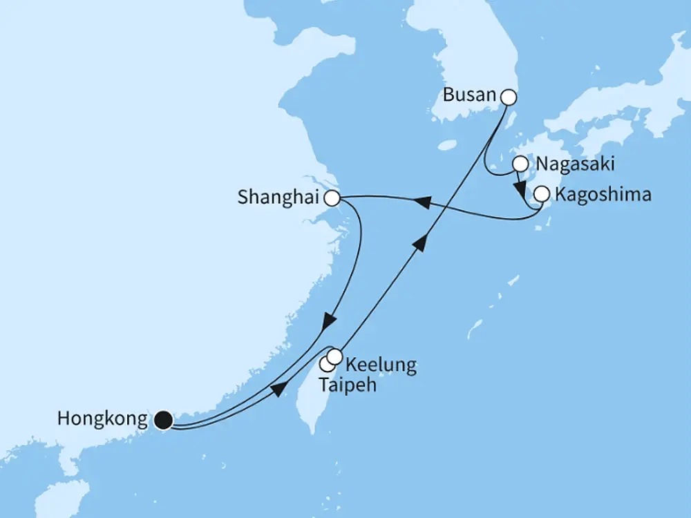 Mein Schiff 6 Angebot der Woche Blütezeit im Fernen Osten - ab/bis Hongkong - Routenbild